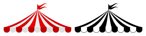 ilustrações, clipart, desenhos animados e ícones de tenda de circo com uma bandeira dividida listrada em vermelho e ícone preto sólido. ilustração vetorial plana isolada no branco - cupola