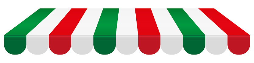 Striped awning in italy flag colors. Italian cafe, restaurant, store, hotel, tent roof, template for design. 3D realistic vector mockup isolated on white background.