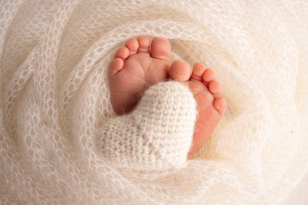 крошечная ножка новорожденного ребенка. мягкие ноги новорожденного в белом шерстяном одеяле. крупным планом пальцы ног, пятки и ступни нов� - new childbirth new life love стоковые фото и изображения