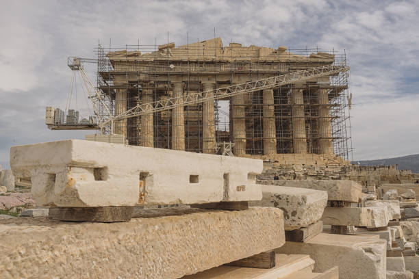 Ruins of the Parthenon under restoration surrounded with Scaffolding, Athens, Greece