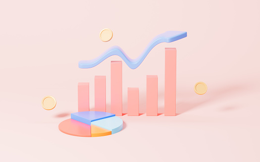 Statistical chart and arrow in the pink background, 3d rendering. Digital drawing.