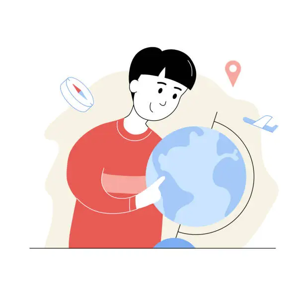 Vector illustration of Cute smiling schoolboy exploring globe while studying geography