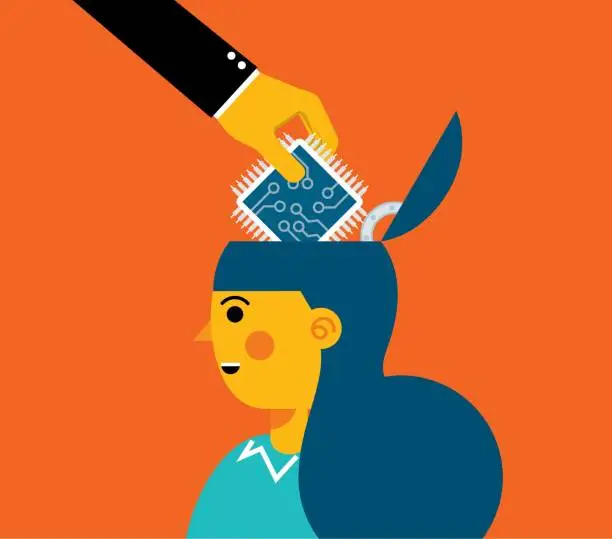 Vector illustration of Put the chip into the brain - Businesswoman
