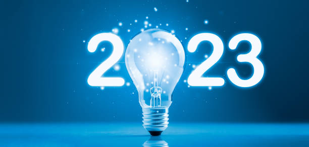istock 2023 lightbulb with glowing light sparkling effect. Concept of 2023 goals, ideas, target, business strategy, success, action plan, growth, market, development, investment, innovation technology. 1448059654