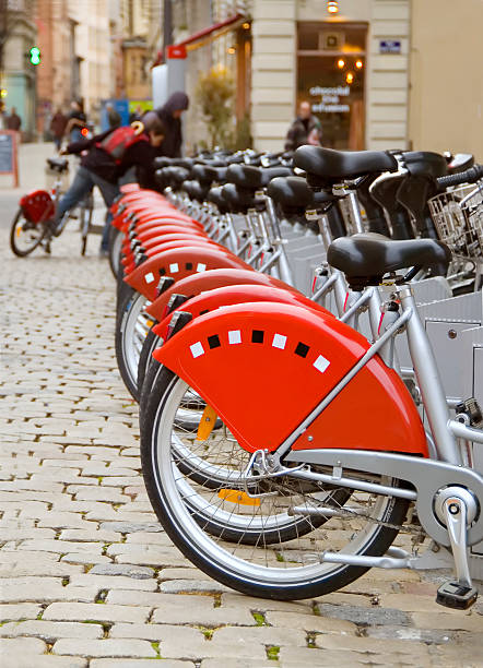 istock Row of red city bicycles 144806060
