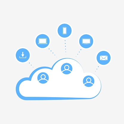 Cloud Collaboration - sharing and co-authoring computer files via cloud computing concept. Remote online workplace, teamwork communication business technology. Wireless online computing illustration