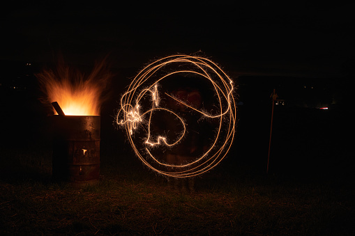 Long exposure Light painting and bonfire