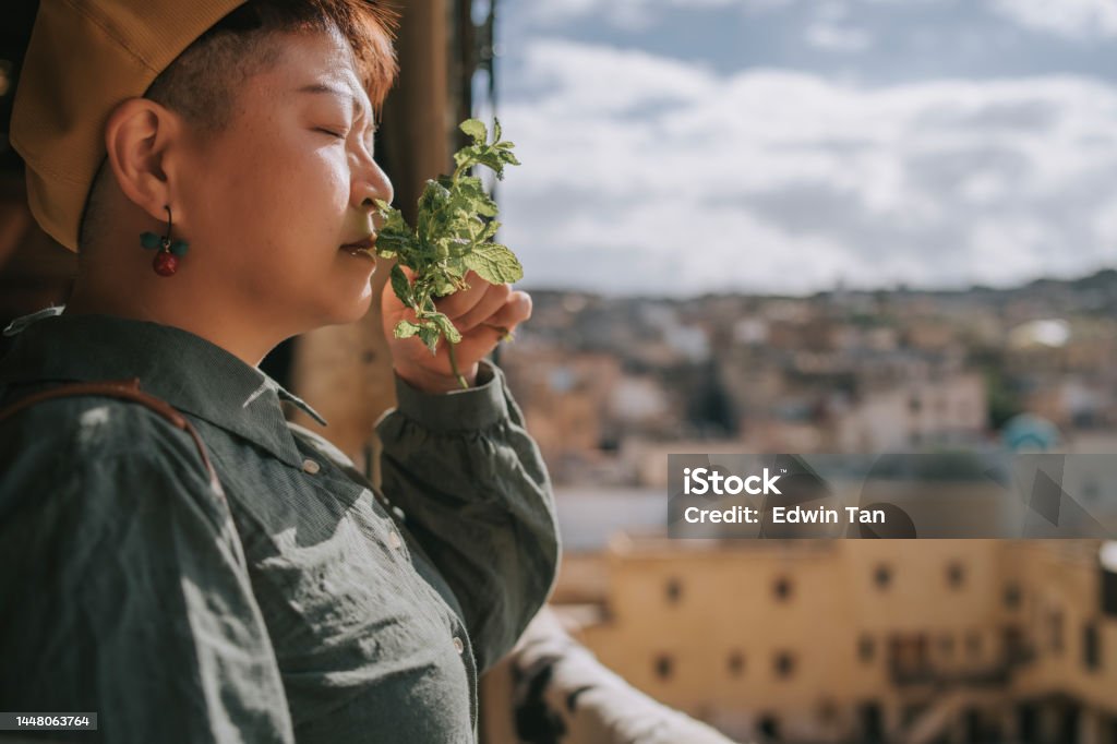 Asian Chinese female tourist smelling mint leaf avoid unpleasant smell from Chouwara Leather traditional tannery in ancient medina of Fes El Bali, Morocco, Africa. 45-49 Years Stock Photo