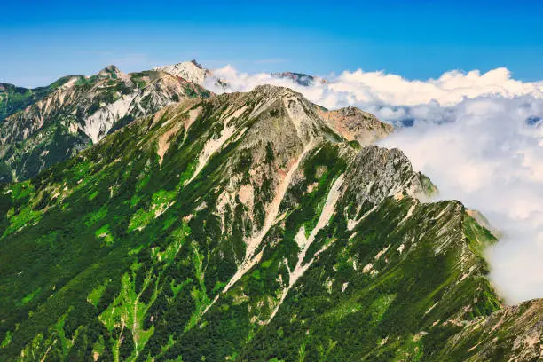 The ridgeline from Mt. Kashimayarigatake to Mt. Shirouma in the Northern Alps