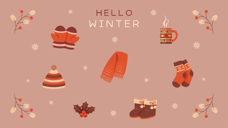 Hello Winter. Warm Winter Clothes, Mug, Holly. 4K, Loop, Animation.