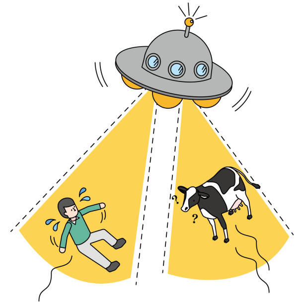 ilustrações de stock, clip art, desenhos animados e ícones de isometric illustration of a man and a cow kidnapped by a ufo - aliens and cowboys