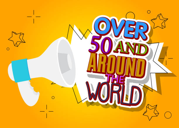 istock Over 50 and around the world text with cartoon Megaphone. Vector Announcement illustration. 1448066176