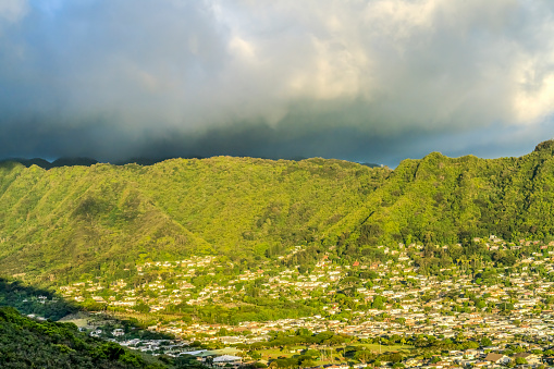 Colorful Rain Storm Coming Green Manoa Valley Houses Tantalus Outlook Honolulu Hawaii Valley has a lot of rain storms