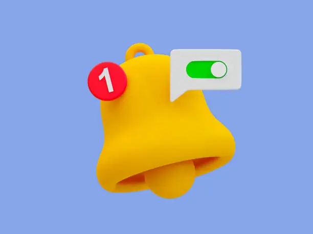 3d minimal turn-on notification concept. New update reminder. New notification alert. A bell icon and switch toggle button. 3d illustration.