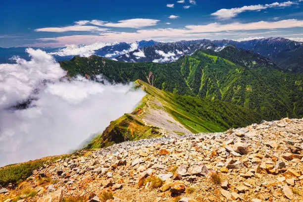 The ridgeline from Mt. Kashima-Yarigatake to Mt. Yarigatake in the Northern Alps