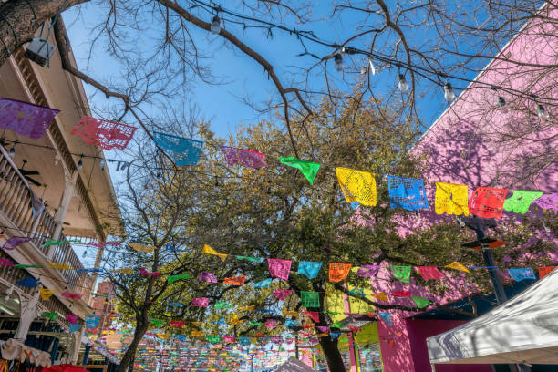 istock San Antonio, Texas- Fiesta flags and string lights hanging above at River Walk 1448069418