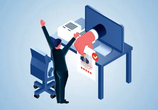 Vector illustration of The business is approved, the document request is accepted, the job offer is made, the promotion is successful or the candidate is successful, and the approved document is handed to the businessman at the computer desk