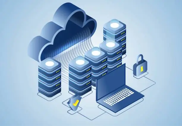 Vector illustration of Isometric cloud data storage, server data security center, remote data access, computer network technology.