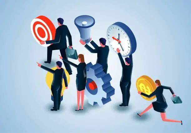 Vector illustration of Teamwork and marketing, team goals and plans, business organization to accomplish the team's mission, division of labor among team members and working together to accomplish or improve business development plans