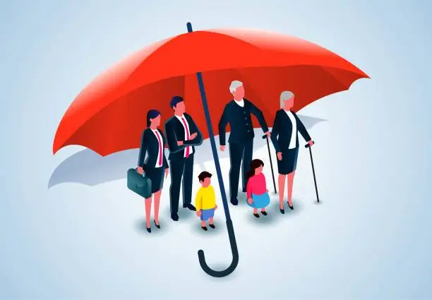 Vector illustration of A family of six standing equidistant under a huge umbrella, family protection and insurance, family sickness health insurance, pension or retirement protection plan