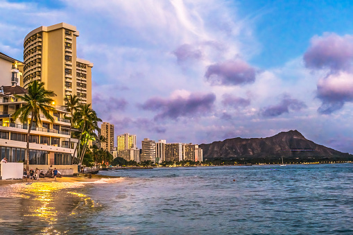 Colorful Sunset Reflections Waikiki Beach Swimmers Diamond Head Hotels Honolulu Oahu Hawaii