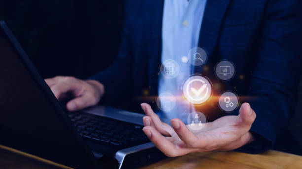 istock Quality management with Quality assurance or QA and Quality control or QC and improvement. Standardization and certification concept. compliance to regulations and standards. concept with manager. 1448074484