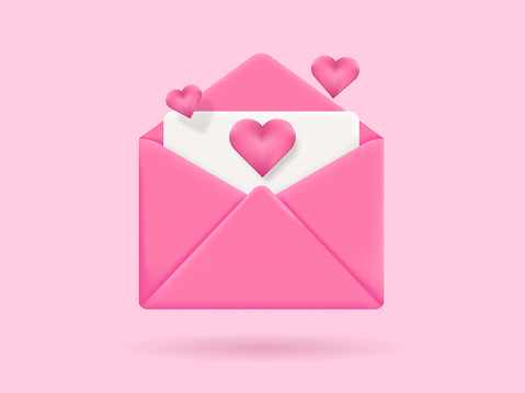 3d vector icon open envelope letter, mail letter with red heart. Realistic Elements for romantic design