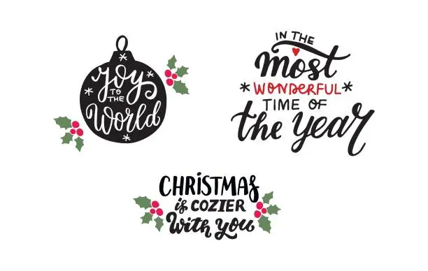 Vector illustration of Joy to the world. Most wonderful time of the year. Christmas is cozier with you. Christmas winter holiday quote. Hand lettering.