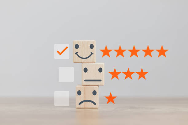 istock Customer service and Satisfaction concept a cube wood doing online assessments in the satisfaction rating the popular service company allows customers in order to improve and develop the organization 1448081454