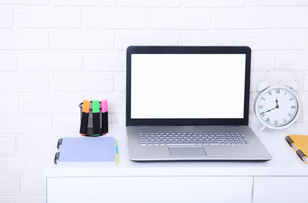 istock Workspace with laptop and other work accessories with copy space. Selective focus. Education 1448081662