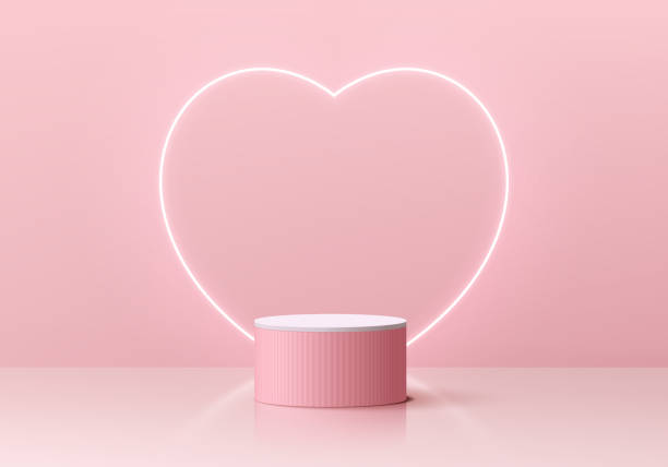 istock Valentine 3D background with realistic pink, white cylinder pedestal podium, Neon light heart shape. Pastel minimal wall scene mockup product display. Abstract geometric forms. Round stage showcase. 1448081687