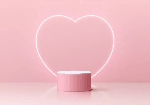 Vector illustration of Valentine 3D background with realistic pink, white cylinder pedestal podium, Neon light heart shape. Pastel minimal wall scene mockup product display. Abstract geometric forms. Round stage showcase.