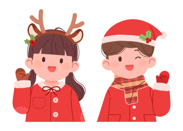 милая маленькая пара в рождественских костюмах. - christmas child friendship little boys stock illustrations