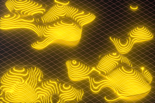 Topographic Map Background, Glowing Neon Lines. 3d render.