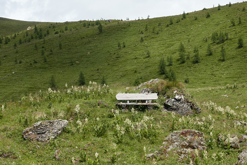 On an alpine meadow stands an old wooden bench and invites you to freak out during a hike.
