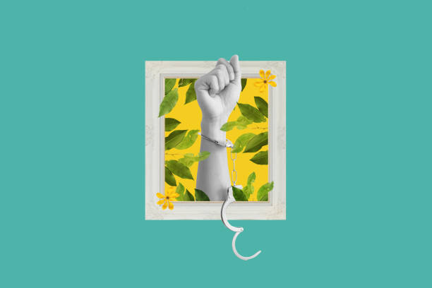 istock Digital collage modern art. Hand raised with handcuff and leaves, flowers in frame 1448086142