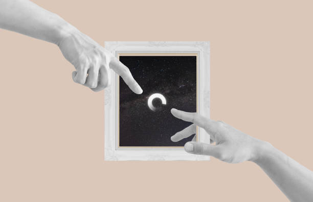 Digital collage modern art. Hands pointing finger, with loading icons