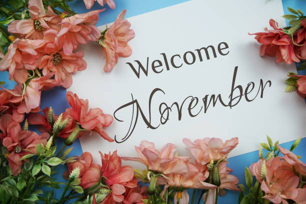 istock Welcome November text with Pink Flower frame on blue background 1448087079
