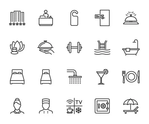 Vector illustration of Vector set of hotel line icons. Contains icons reception, double bed, single bed, door hanger, maid, doorman, spa, hotel bell, safe and more. Pixel perfect.