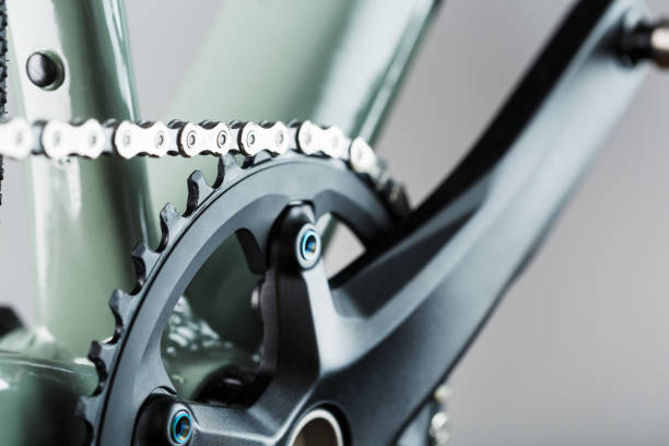 istock Bicycle crank system with chain close-up, mechanism for repair 1448089980