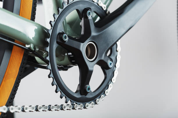 istock Bicycle crank system with chain close-up, mechanism for repair 1448089990