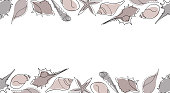 istock Seashells seamless banner. One line drawing of a shell. Hand drawn marine illustrations of seashells. Summer tropical ocean beach style. 1448095217