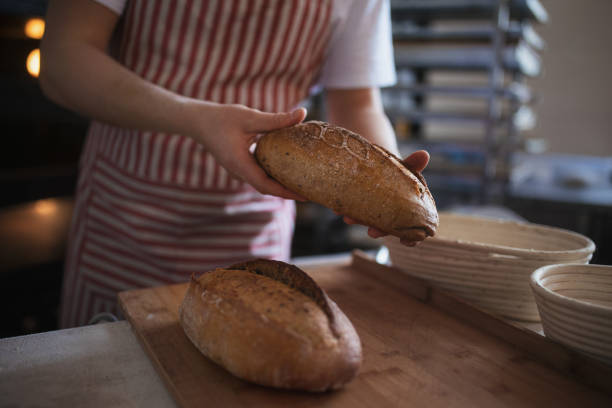 istock Close-up of baker with fresh bread in bakery. 1448095557