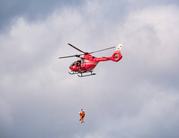 Stockholm, Sweden - July 7, 2016: One helicopter air ambulance Eurocopter EC135 (SE-JFN) operated by Scandinavian Medicopter  in the air near the Sodersjukhuset hospital