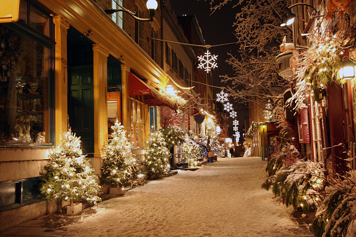 Deserted street in Quebec City decorated for Christmas