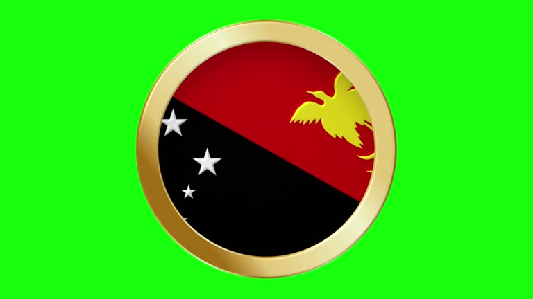 Flag of Papua New Guinea Pop-up style in a Golden Metal Ring Circle National Flag Animation Background isolated green Screen Background Loopable Stock Video