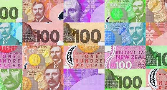 New Zealand Dollar 100 NZD banknotes abstract color pattern. New Zealand bank note concept of currency, finance and economy. Design background 3D illustration.