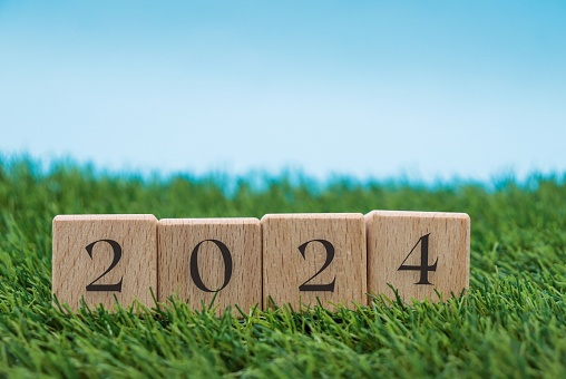 The number 2024 in cubes of wooden blocks on a grass and blue background. new year concept