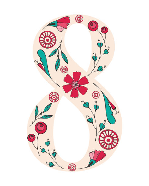 номер 8 для женского дня, праздник 8 марта. растительный орнамент из цветов каракуля от viva magenta цветовой тренд 2023 года. - viva magenta stock illustrations