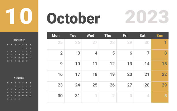 Monthly Calendar Template of october 2023. Vector layout simple calendar with week start monday. Monthly Calendar Template of october 2023. Vector layout simple calendar with week start monday. kalender stock illustrations